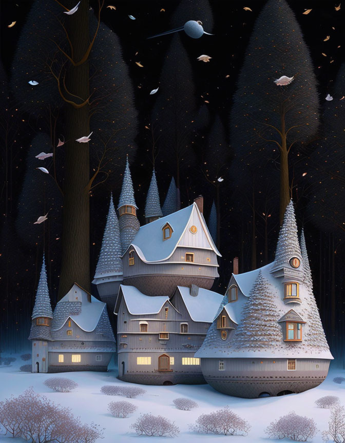 Snowy multi-turret castle in dark forest with starry sky and birds