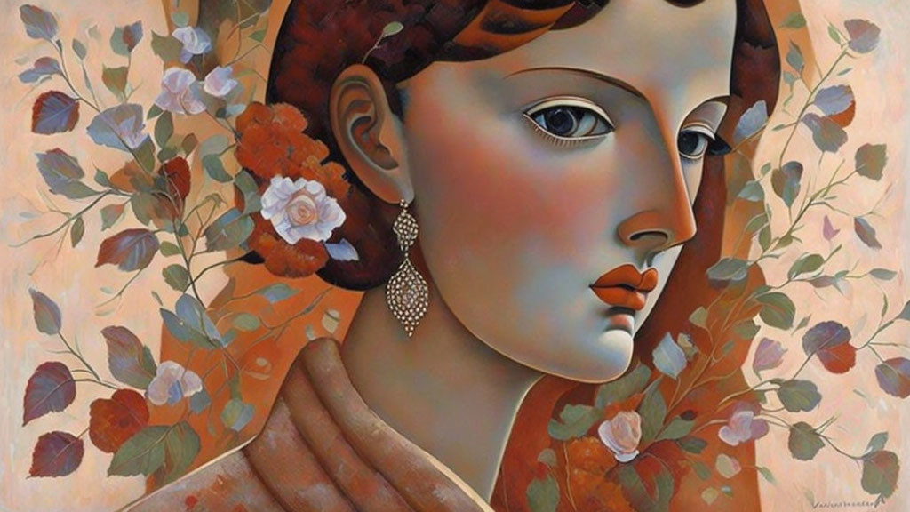 Woman portrait with stylized features, flowers, solemn expression, and intricate earring