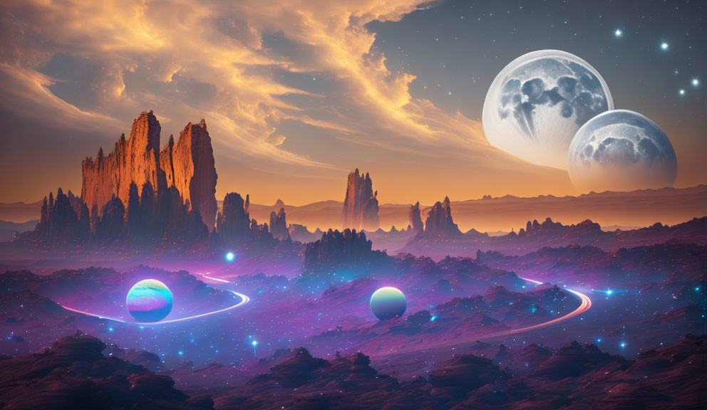 Surreal landscape with rocky spires, glowing path, and large moons