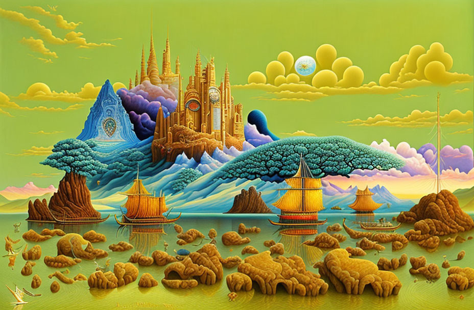 Fantasy landscape with castle, ships, bison, and green sky