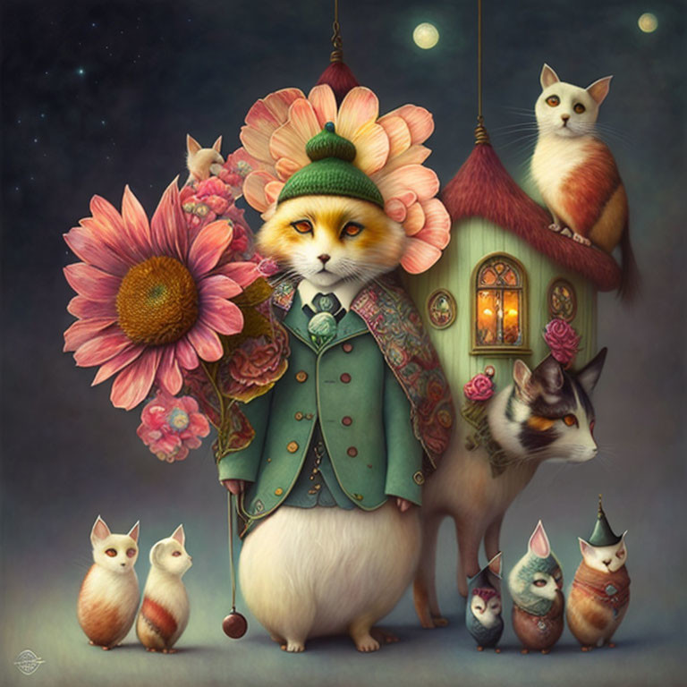 Anthropomorphic fox with lantern surrounded by whimsical cats in floral setting