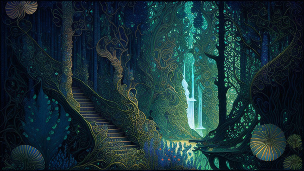 Enchanting glowing forest with intricate trees, mystical staircase, and illuminated sword