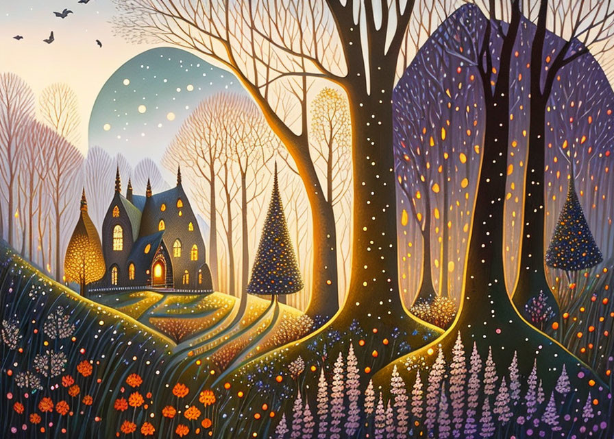 Illustration of cozy house at twilight with vibrant trees and moon