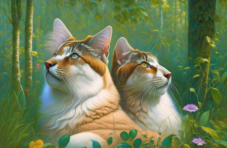 Two Cats with Striking Blue Eyes Surrounded by Lush Greenery and Wildflowers