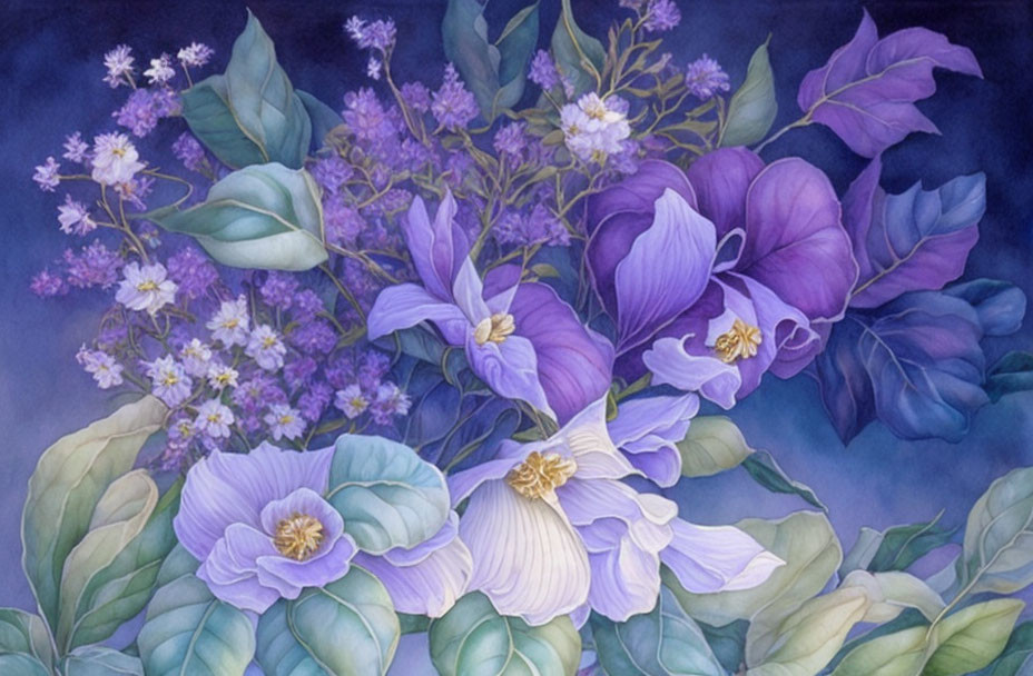Vibrant purple and white flowers with green leaves on blue background