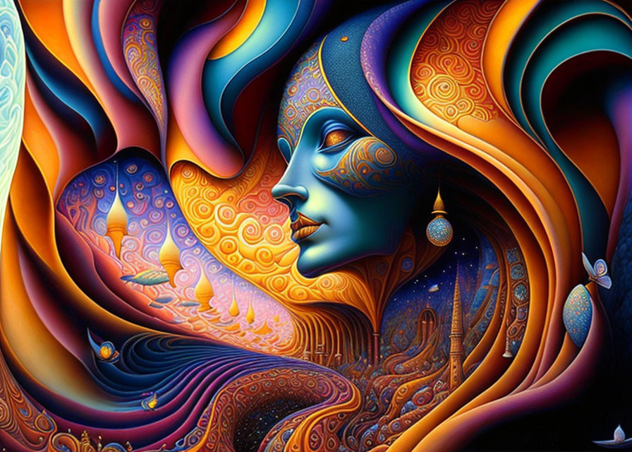 Colorful surreal artwork: stylized female profile with swirling cosmic patterns in blue and orange.