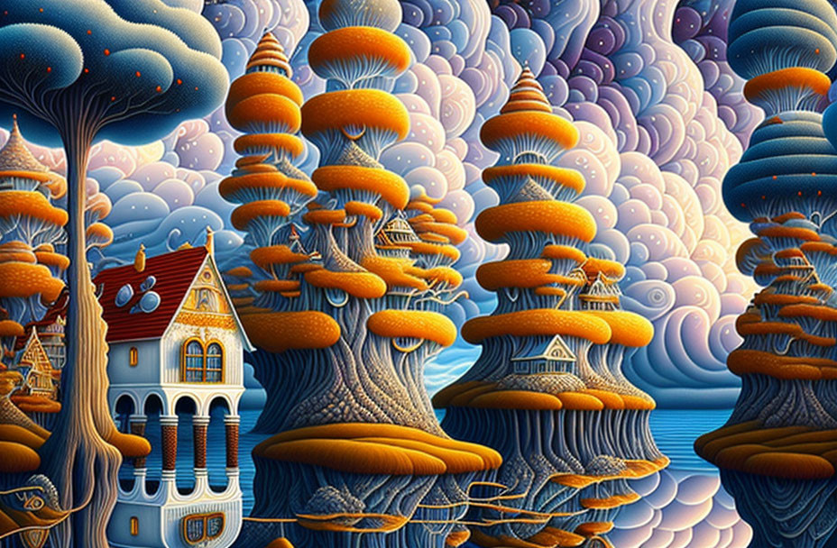 Whimsical fantasy landscape with mushroom-like trees and integrated houses against swirling sky.