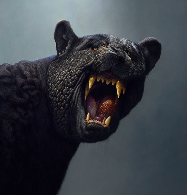 Detailed close-up of snarling black panther with yellow eyes and sharp fangs