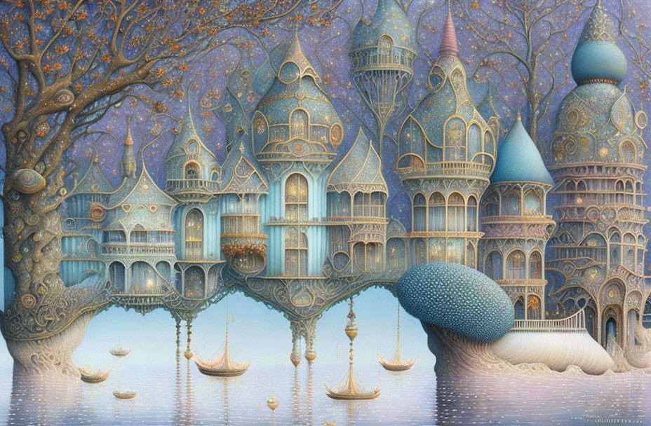 Detailed Fantasy Palace Illustration with Towers, Arches, Boats, and Purple Tree