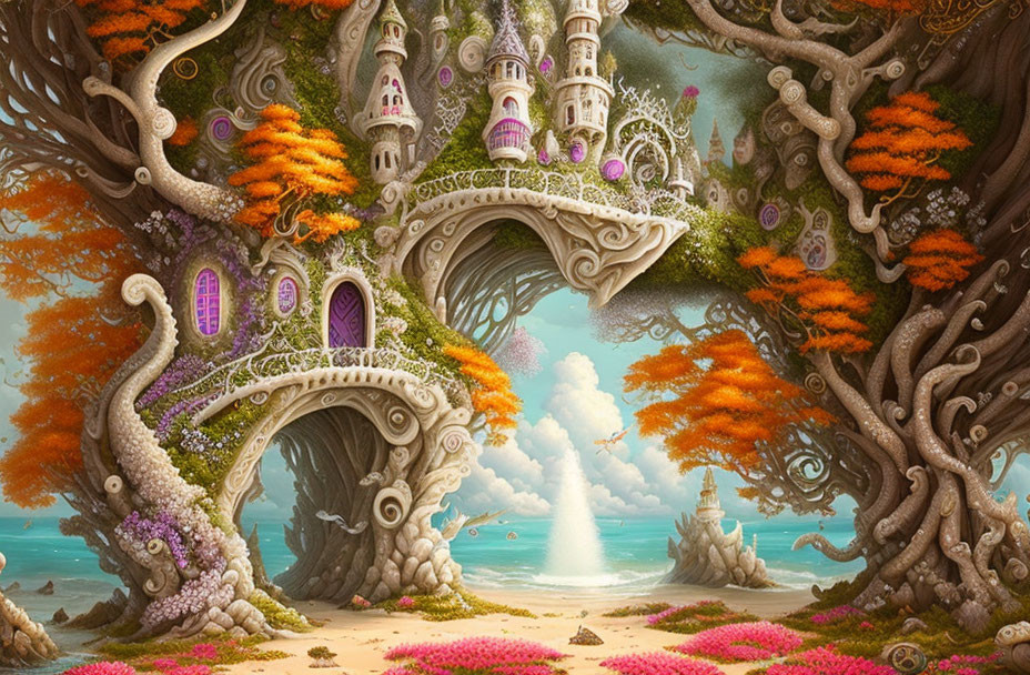 Fantastical tree with castle-like structures and orange foliage by serene ocean.