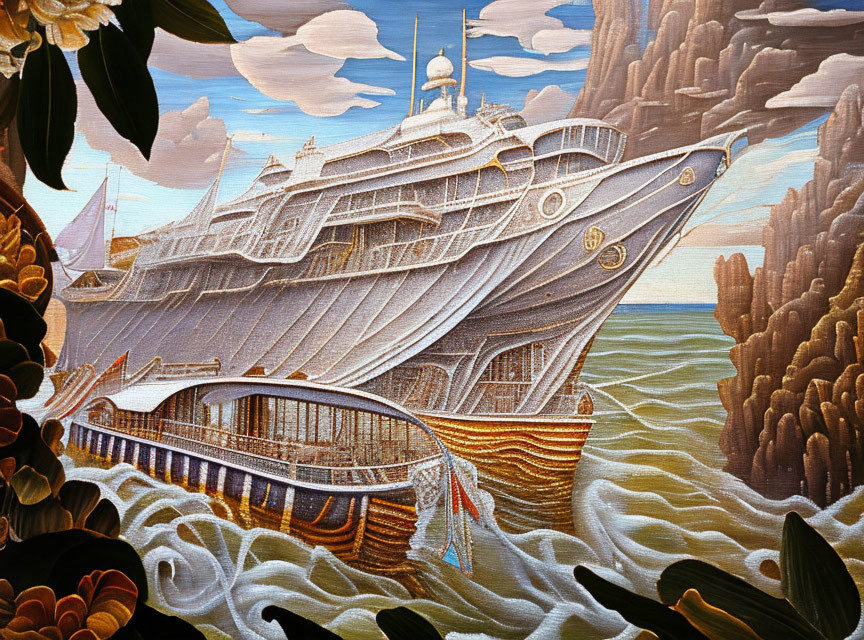 Luxurious Cruise Ship Painting with Rocky Formations and Floral Elements