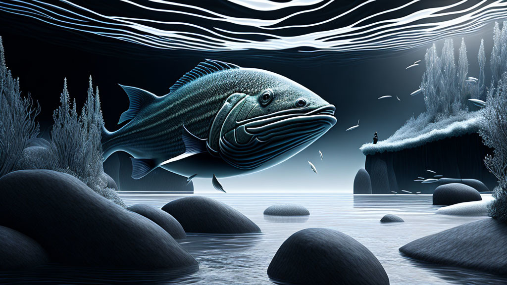 Surreal underwater digital artwork with large striped fish and eerie lighting