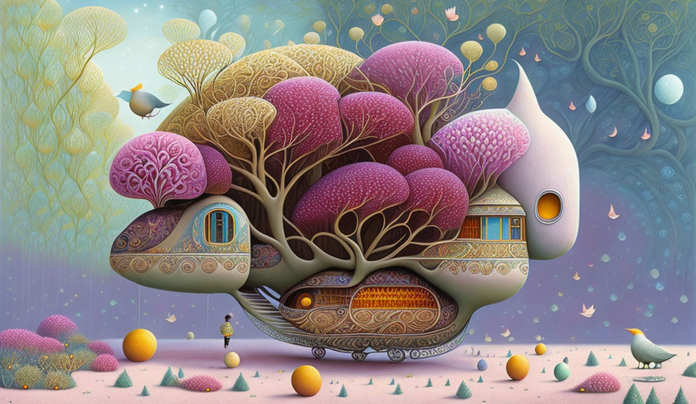 Whimsical treehouse illustration with purple foliage in dreamlike landscape