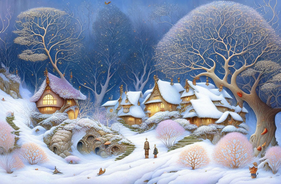 Snowy Fantasy Scene with Enchanted Blue Trees and Wildlife