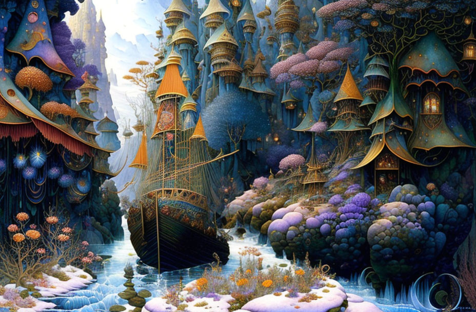 Colorful Fantasy Landscape with Mushroom Trees and Magical Houses