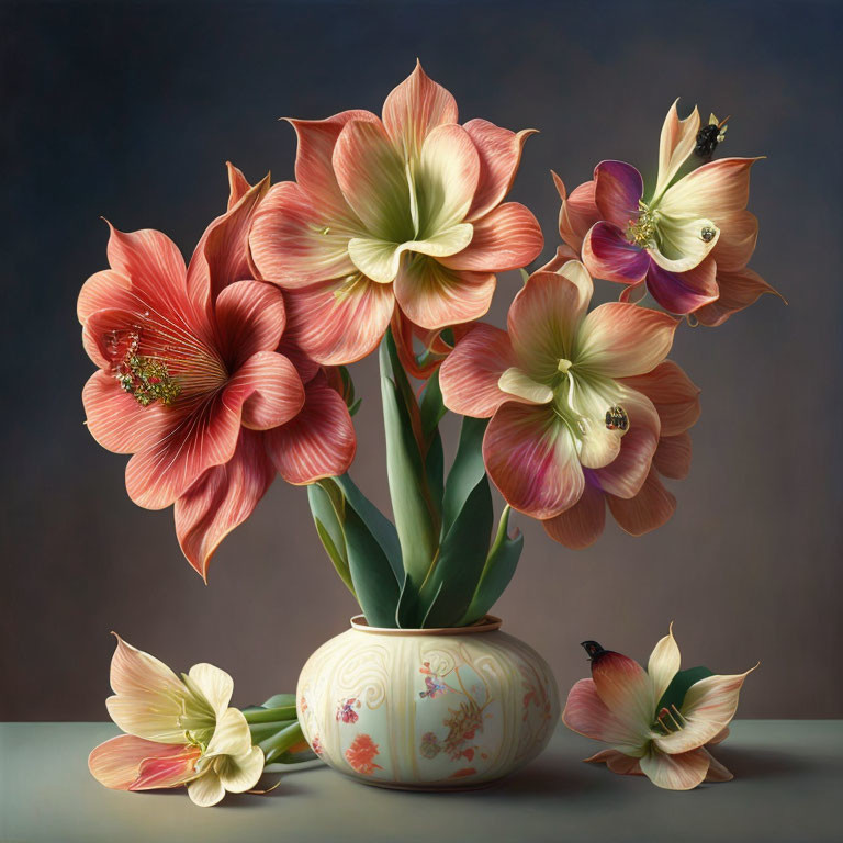 Realistic painted amaryllis flowers in decorative vase with butterflies