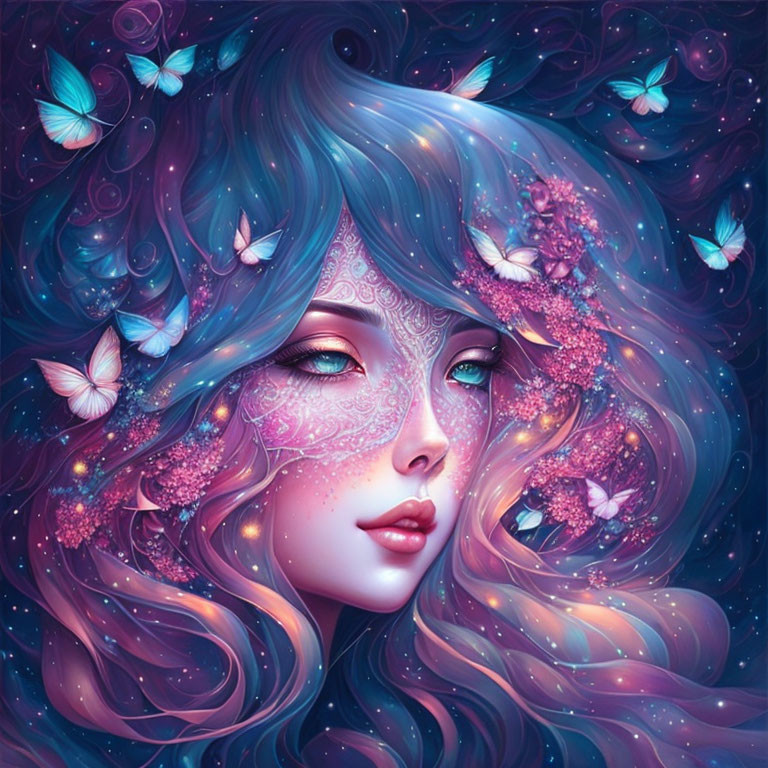 Fantastical image: Woman with blue hair, butterflies, cosmic backdrop