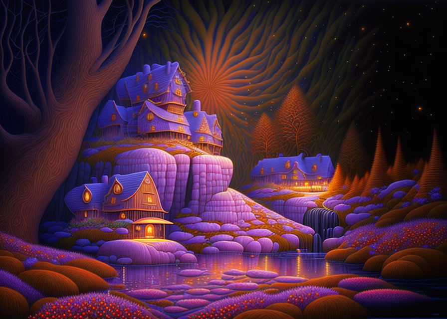 Colorful artwork of illuminated houses in a fantastical landscape