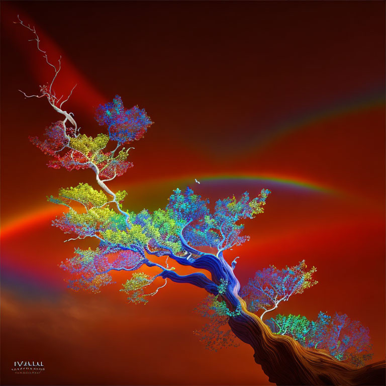 Colorful digital artwork: Split tree branches in red and blue against stormy sky with rainbow and lightning