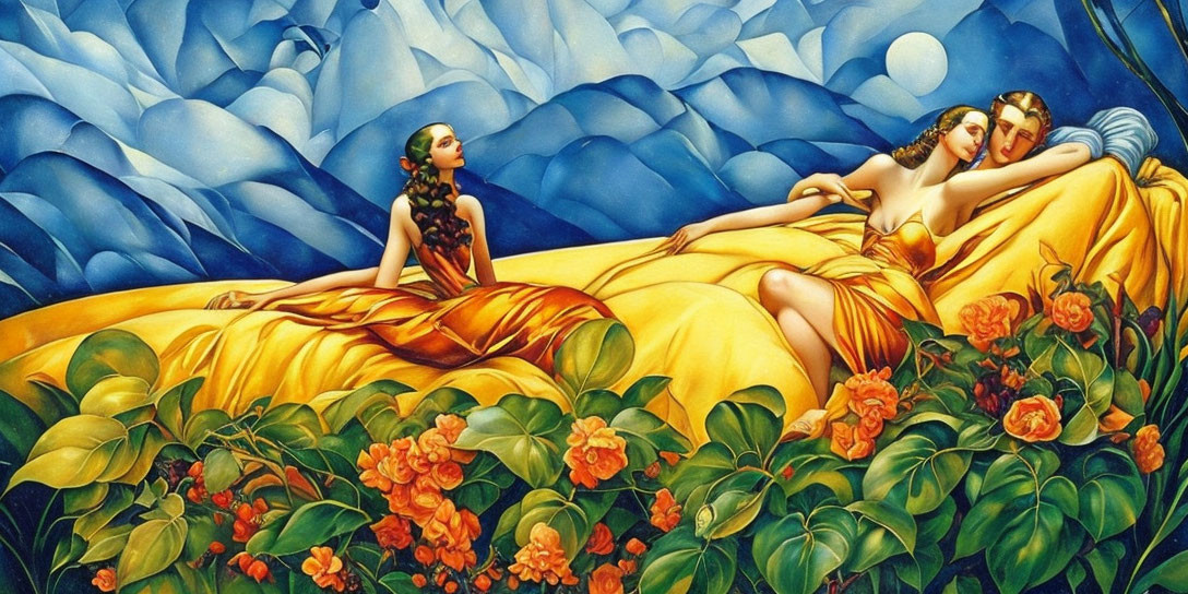 Surreal painting of two women in yellow gowns among flowers on blue landscape