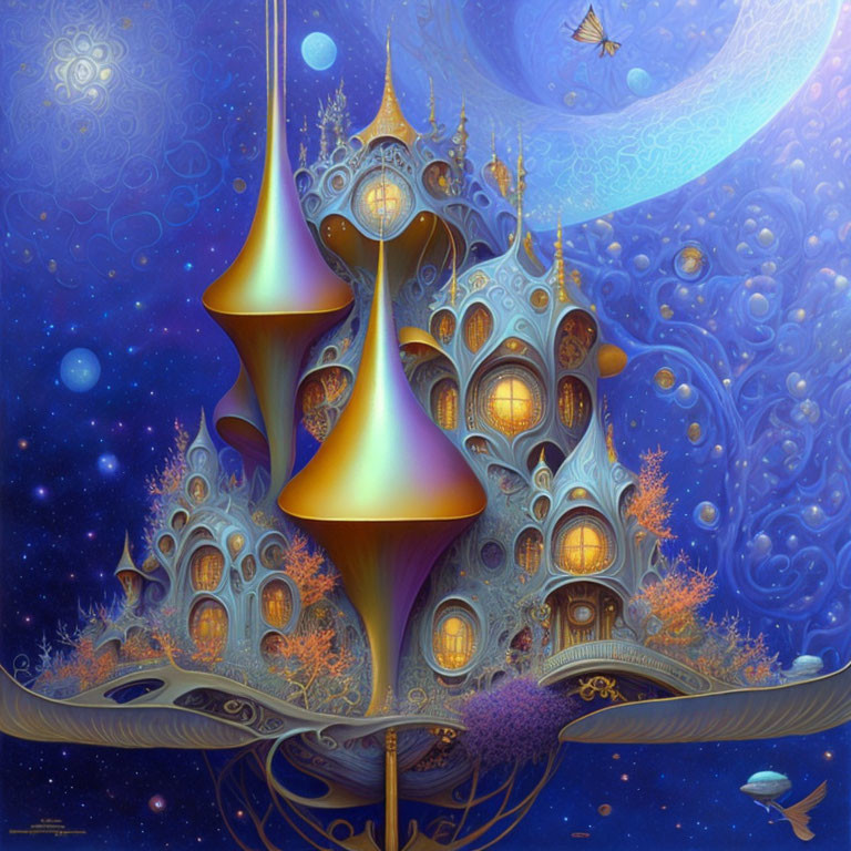 Fantasy landscape with golden domes in celestial setting