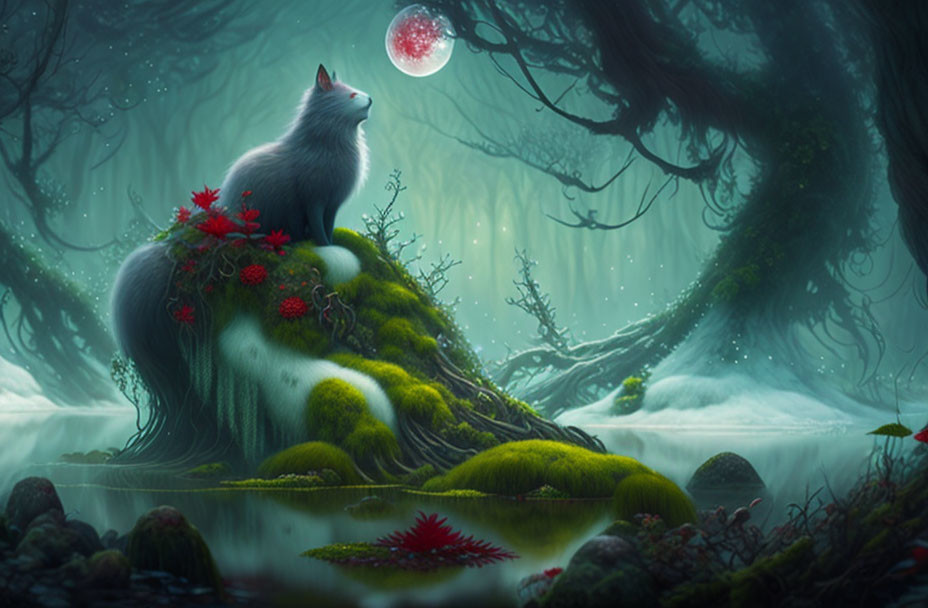 White wolf with red foliage on back under red moon in mystical forest