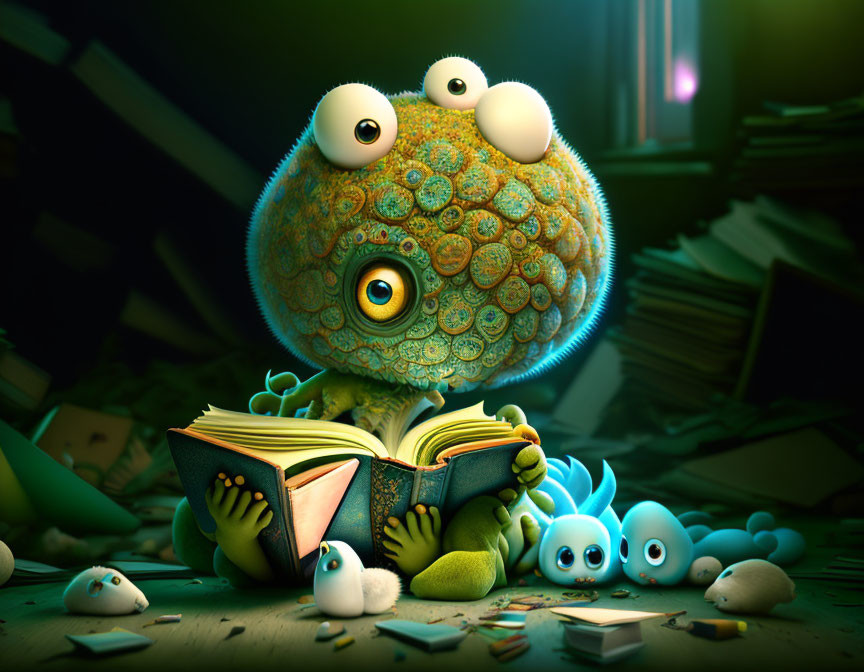 Colorful creature with many eyes reading in room of books