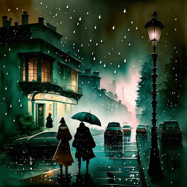 Rainy evening scene: Wet streets, streetlamp, trees, parked cars, two people under an