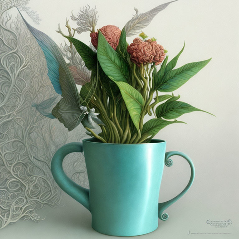 Turquoise Cup with Plants and Roses on Grey Background