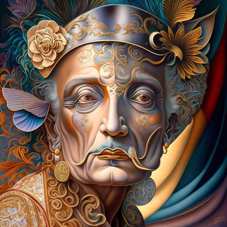 Detailed surreal portrait of elder with ornate designs and butterfly