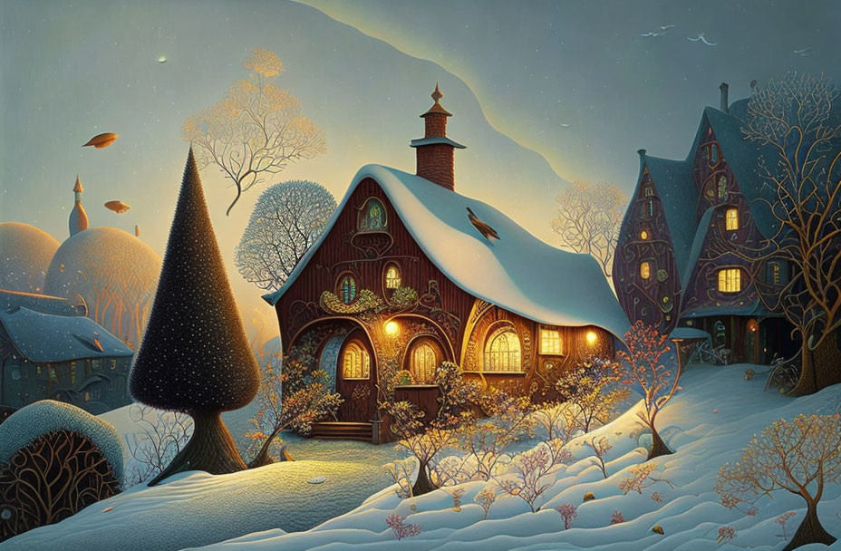 Snow-covered houses and starry sky in fantasy winter scene