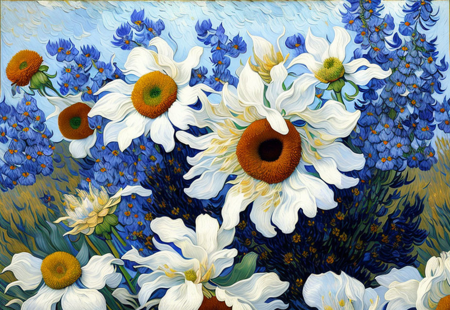 Large white daisies with brown centers in a vibrant painting.