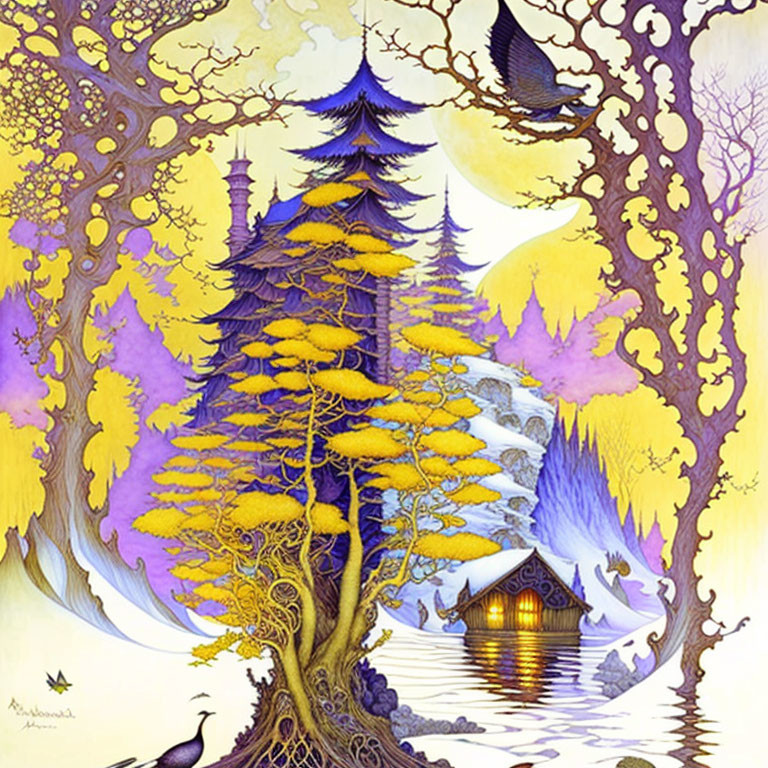 Colorful illustration: golden trees, cabin, birds in dreamy landscape