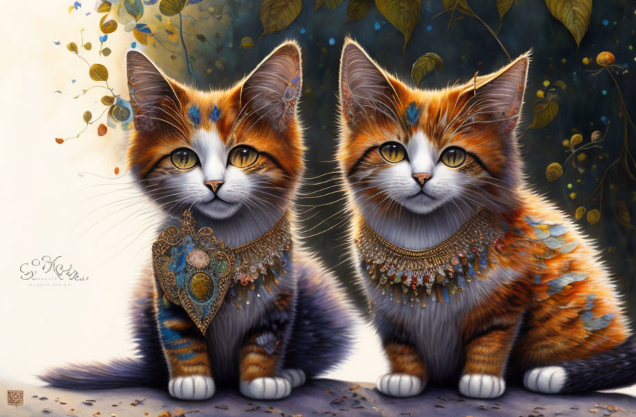 Fantastical cats with orange, black, and white fur on floral backdrop