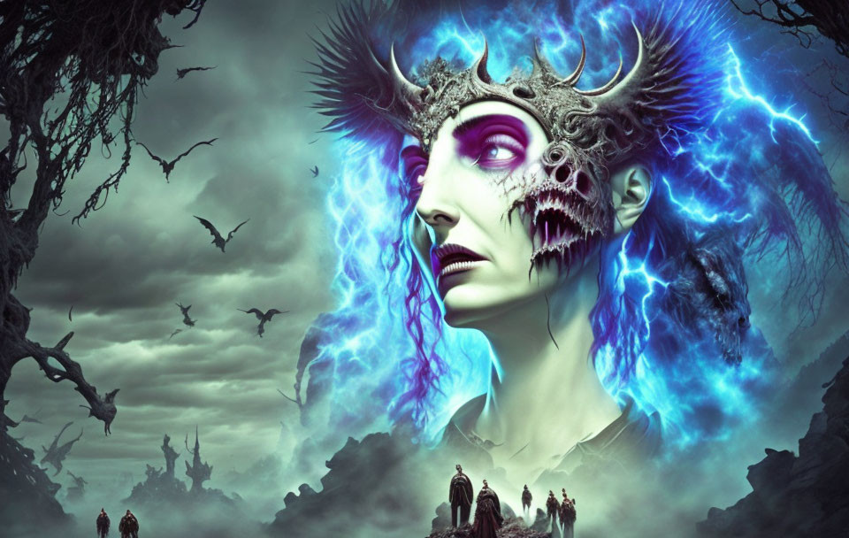 Fantastical image of woman with horns in eerie landscape