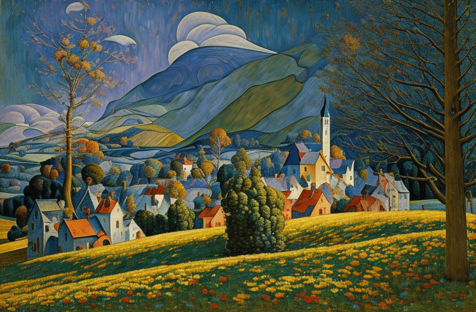 Colorful Expressionist Painting of Village and Mountains