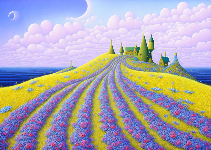 Rolling lavender fields under pink clouds with green turreted structures on a hill.