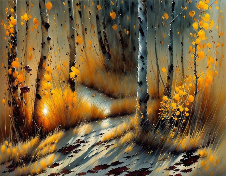 Autumn forest painting with sunlight filtering through tall trees