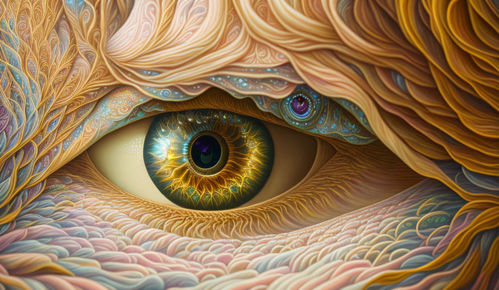Detailed surreal eye illustration with ornate eyelids and abstract warm-toned patterns.