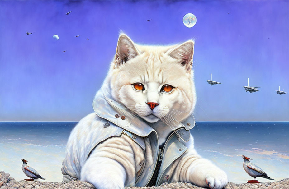 White Cat in Jacket on Beach with Sailboats and Birds under Blue Sky