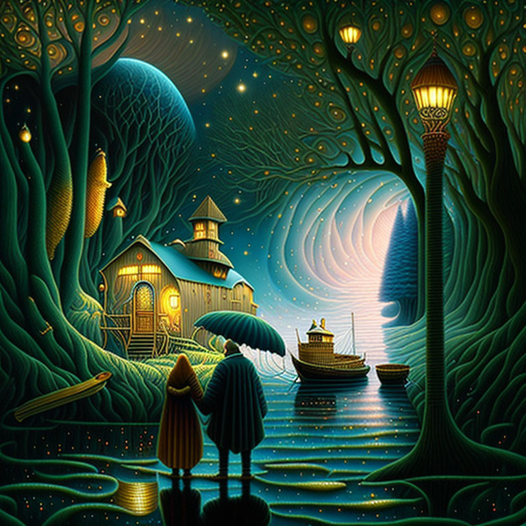 Vibrant nocturnal seascape with house, boat, figures, swirling skies, lanterns