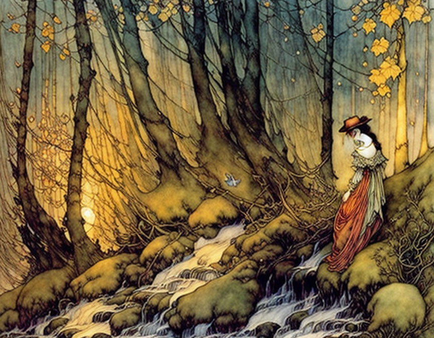 Woman in Long Dress and Hat by Stream in Enchanting Forest at Sunset