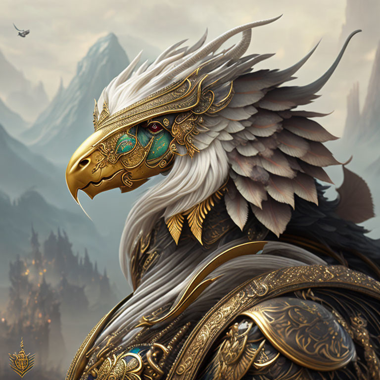 Majestic eagle in golden armor against mountain backdrop