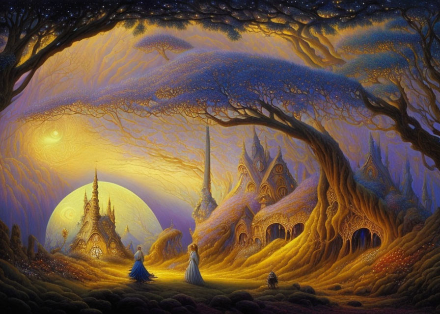 Fantasy landscape at twilight with enchanted castle and glowing trees