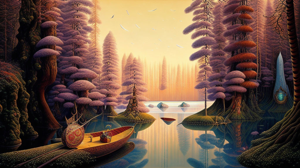 Fantasy landscape with oversized purple-capped trees, calm lake, boat, and birds