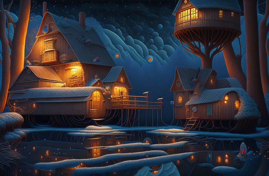 Starry sky over illuminated treehouses by a serene lake