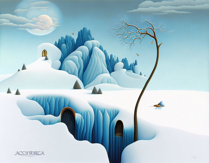 Surreal snow-covered hills with tree, bird, and doorways under full moon.