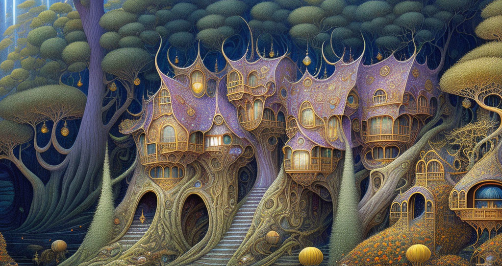 Whimsical tree-like houses in purple, blue, and gold fantasy landscape