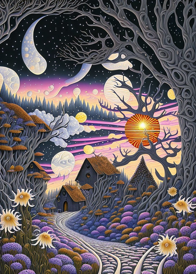 Artwork: Whimsical day-night blend with sunset, moon, houses, forest, and star