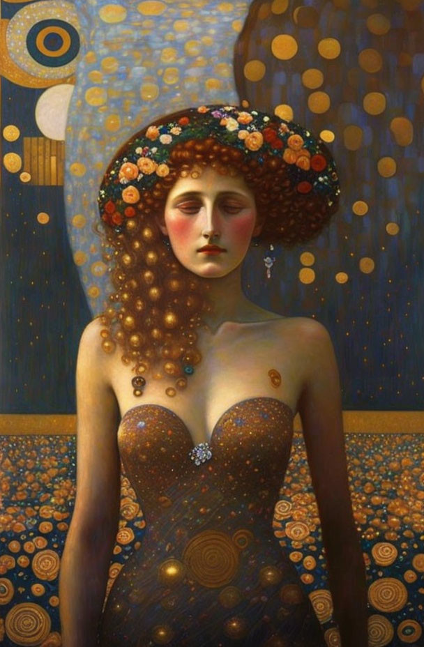 Stylized portrait of woman with floral headdress and golden tear on starry dress